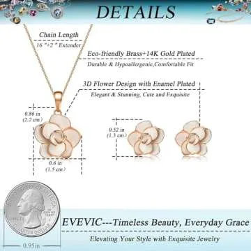 EVEVIC Rose Flower Necklace Earrings Set for Women 18K Gold Plated Jewelry Sets (White)