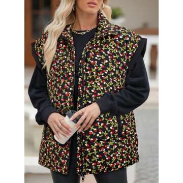 EVALESS Oversized Puffer Vest Women Lightweight Sleeveless Floral Print Puffer Jacket Casual Winter Warm Zip Up Stand Collar Padded Vests Outerwear Coats 2024 with Pockets Black Medium