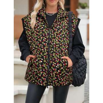 EVALESS Oversized Puffer Vest Women Lightweight Sleeveless Floral Print Puffer Jacket Casual Winter Warm Zip Up Stand Collar Padded Vests Outerwear Coats 2024 with Pockets Black Medium