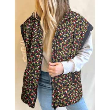 EVALESS Oversized Puffer Vest Women Lightweight Sleeveless Floral Print Puffer Jacket Casual Winter Warm Zip Up Stand Collar Padded Vests Outerwear Coats 2024 with Pockets Black Medium