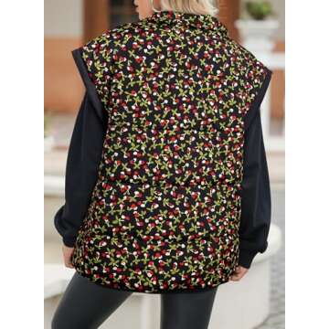 EVALESS Oversized Puffer Vest Women Lightweight Sleeveless Floral Print Puffer Jacket Casual Winter Warm Zip Up Stand Collar Padded Vests Outerwear Coats 2024 with Pockets Black Medium