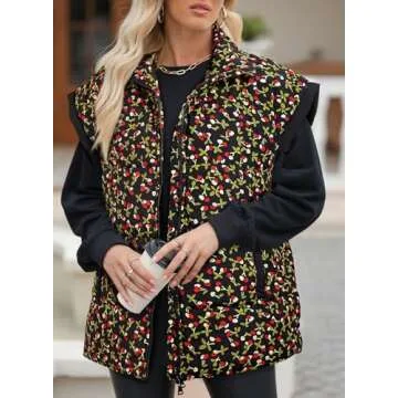 EVALESS Oversized Puffer Vest Women Lightweight Sleeveless Floral Print Puffer Jacket Casual Winter Warm Zip Up Stand Collar Padded Vests Outerwear Coats 2024 with Pockets Black Medium