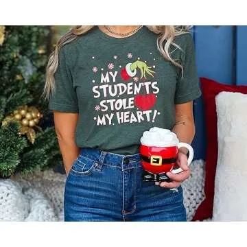 KNEYATTA Christmas Teacher Shirt Women My Students Stole My Heart Christmas Shirt Merry Christmas Top Graphic Teacher Gift Shirts Green