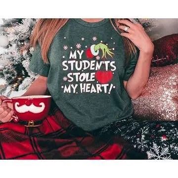 KNEYATTA Christmas Teacher Shirt Women My Students Stole My Heart Christmas Shirt Merry Christmas Top Graphic Teacher Gift Shirts Green