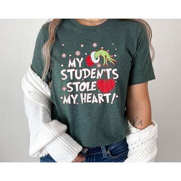 KNEYATTA Christmas Teacher Shirt Women My Students Stole My Heart Christmas Shirt Merry Christmas Top Graphic Teacher Gift Shirts Green