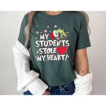 KNEYATTA Christmas Teacher Shirt Women My Students Stole My Heart Christmas Shirt Merry Christmas Top Graphic Teacher Gift Shirts Green