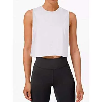 LASLULU Crop Tops for Women Workout Tops Flowy Crop Tank Tops Yoga Shirts Casual Tunic Tops(White Large)