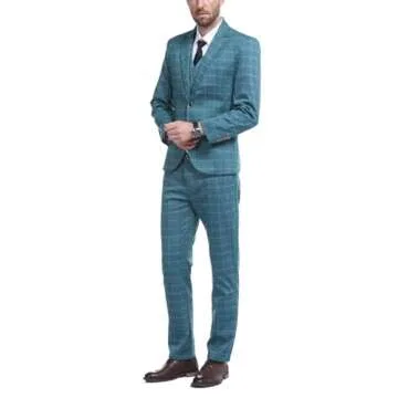 Men's Plaid Modern Fit 3-Piece Suit Blazer Jacket Tux Vest & Trousers, Blue, Medium.