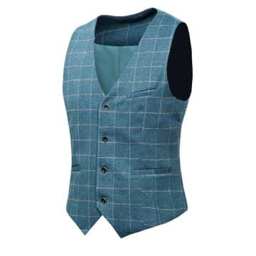 Men's Plaid Modern Fit 3-Piece Suit Blazer Jacket Tux Vest & Trousers, Blue, Medium.