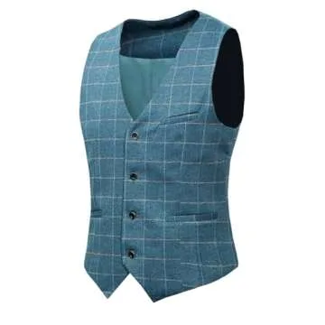 Men's Plaid Modern Fit 3-Piece Suit Blazer Jacket Tux Vest & Trousers, Blue, Medium.