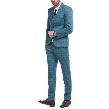 Men's Plaid Modern Fit 3-Piece Suit Blazer Jacket Tux Vest & Trousers, Blue, Medium.