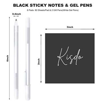 Kisdo Black Sticky Notes 3x3 Inches with 2 White Gel Pens, 480 Sheets Self-Stick Pads, 6 Pads Bulk Memo Pads Easy to Post for Home, School, Office Supplies