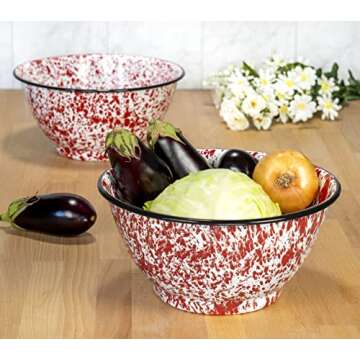 Red Co. Set of 2 Enamelware Metal Large Classic 4 quart Round Salad Serving Bowl, Red Marble/Black R...