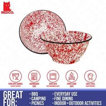 Red Co. Set of 2 Enamelware Metal Large Classic 4 quart Round Salad Serving Bowl, Red Marble/Black Rim - Splatter Design