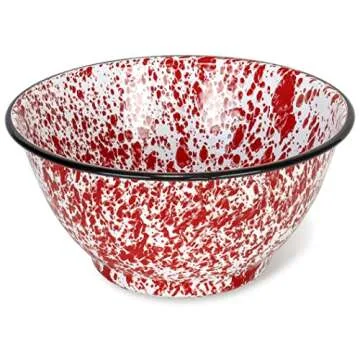 Red Co. Set of 2 Enamelware Metal Large Classic 4 quart Round Salad Serving Bowl, Red Marble/Black Rim - Splatter Design