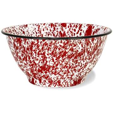 Red Co. Set of 2 Enamelware Metal Large Classic 4 quart Round Salad Serving Bowl, Red Marble/Black Rim - Splatter Design