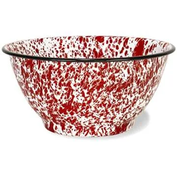 Red Co. Set of 2 Enamelware Metal Large Classic 4 quart Round Salad Serving Bowl, Red Marble/Black Rim - Splatter Design