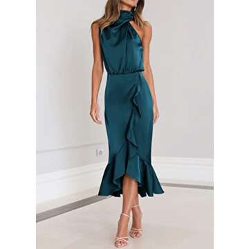 KIRUNDO Womens 2025 Summer Satin Mock Neck Wedding Guest Party Dress - Navy, Small