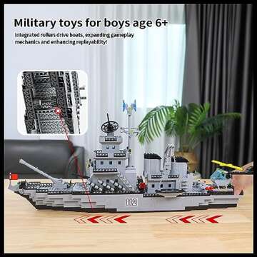WW2 Military Battleship Building Block Set, Large-SizedCruiser Toy, Military Battle Ship Toy with Helicopter and City Lifeboat, A Gift Compatible with Lego Sets for Boys 8-14 & Adults (910pcs)