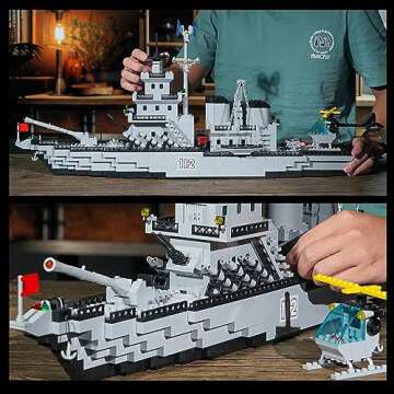 WW2 Military Battleship Building Block Set, Large-SizedCruiser Toy, Military Battle Ship Toy with Helicopter and City Lifeboat, A Gift Compatible with Lego Sets for Boys 8-14 & Adults (910pcs)