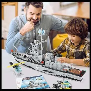 WW2 Military Battleship Building Block Set, Large-SizedCruiser Toy, Military Battle Ship Toy with Helicopter and City Lifeboat, A Gift Compatible with Lego Sets for Boys 8-14 & Adults (910pcs)