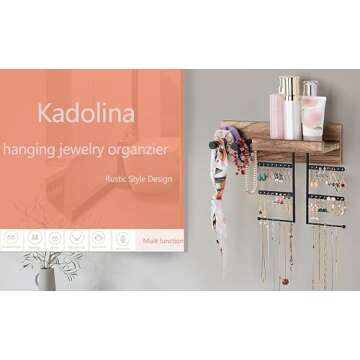 Kadolina Hanging Jewelry Organizer Wall Mount Jewelry Organizer with Bracelet Holder, Easy Install Free Combination Jewelry Organizer for Necklaces Earrings Bracelet (Carbonized Black)