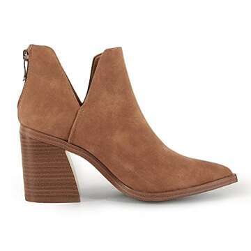 Kathemoi Womens Ankle Boots Slip on Cutout Pointed Toe Leopard Chunky Stacked Mid Heel Booties