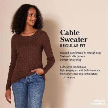 Amazon Essentials Women's Lightweight Long-Sleeve Cable Crewneck Sweater (Available in Plus Size), N...