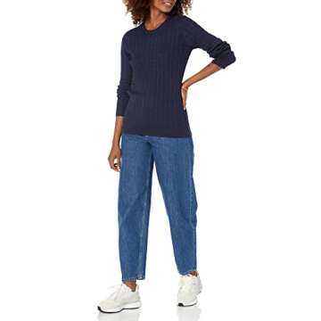 Amazon Essentials Women's Lightweight Long-Sleeve Cable Crewneck Sweater (Available in Plus Size), Navy, X-Small