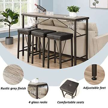 O&K FURNITURE 4 Piece Long Bar Table and Chairs Set, Counter Height Table with 3 Cushion Stools, Behind Couch Bar Table, Industrial Dining Table Sets for Breakfast Nook Living Room Small Space