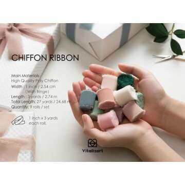 Vitalizart 1" x 27 Yd Chiffon Silk Ribbon Mixed Color Ribbons Set 3 Yd x 9 Rolls Fringe Fabric for W...
