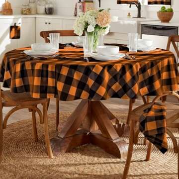 Elrene Home Fashions Farmhouse Living Fall Buffalo-Check Tablecloth, 70" Round, Orange and Black