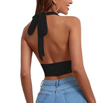 Rooscier Women's Deep V Neck Halter Tie Back Sleeveless Backless Cami Crop Top Black Large