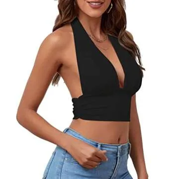 Rooscier Women's Deep V Neck Halter Tie Back Sleeveless Backless Cami Crop Top Black Large