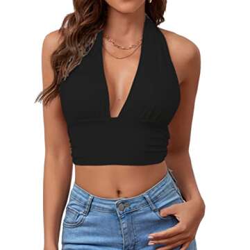 Rooscier Women's Deep V Neck Halter Tie Back Sleeveless Backless Cami Crop Top Black Large