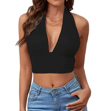 Rooscier Women's Deep V Neck Halter Tie Back Sleeveless Backless Cami Crop Top Black Large