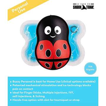 Buzzy - Personal Vibrating Ice Pack - Sharp Pain Relief - As Seen On Shark Tank - Pain Relief for Shots, IVF, Insulin, Vaccines - at Home First Aid - Solution to Reduce Needle Pain & Fear - LadyBuzz