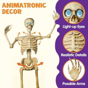JOYIN 63" Halloween Animatronics Skeleton with Light-Up Eyes, Creepy Sound, Movable Head & Arms Life...