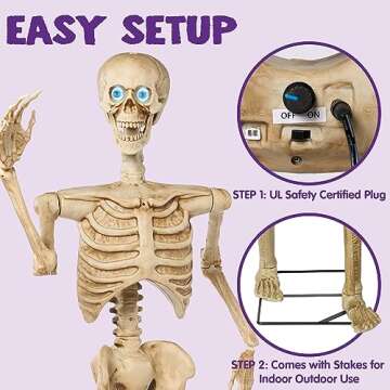 JOYIN 63" Halloween Animatronics Skeleton with Light-Up Eyes, Creepy Sound, Movable Head & Arms Life Size Animated Halloween Decorations Haunted House Props for Outdoor Indoor Yard Patio Lawn