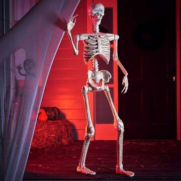 JOYIN 63" Halloween Animatronics Skeleton with Light-Up Eyes, Creepy Sound, Movable Head & Arms Life Size Animated Halloween Decorations Haunted House Props for Outdoor Indoor Yard Patio Lawn