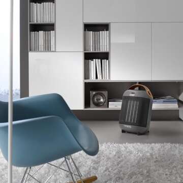 DeLonghi Capsule Electric Space Heater, 1500w compact and stylized portable space heater for indoor use in office bedroom, thermostat, ceramic heater, fan only option, safety features, HFX30C15