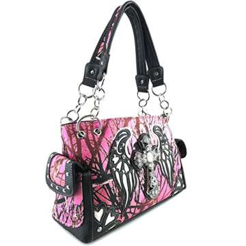 Zelris Camouflage Shine Glow Cross Wings Women Conceal Carry Handbag (Pink)