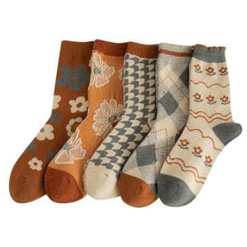FORJMMP 5/10 Pairs Wool Socks for Women Thick Knit Vintage Cute Floral Crew Socks (5 Pairs-Orange Fl...