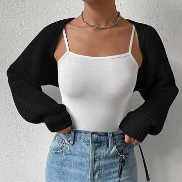 Fuimsul Women Open Front Ribbed Knit Crop Bolero Drop Shoulder Long Sleeve Solid Loose Fit Knitted C...