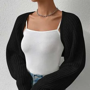Fuimsul Women Open Front Ribbed Knit Crop Bolero Drop Shoulder Long Sleeve Solid Loose Fit Knitted Crop Cardigan Shrug Black