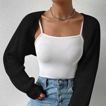 Fuimsul Women Open Front Ribbed Knit Crop Bolero Drop Shoulder Long Sleeve Solid Loose Fit Knitted Crop Cardigan Shrug Black