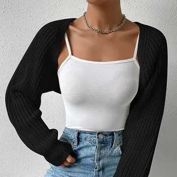 Fuimsul Women Open Front Ribbed Knit Crop Bolero Drop Shoulder Long Sleeve Solid Loose Fit Knitted Crop Cardigan Shrug Black