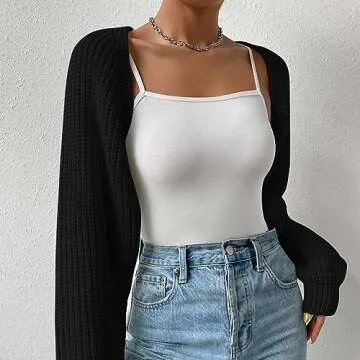 Fuimsul Women Open Front Ribbed Knit Crop Bolero Drop Shoulder Long Sleeve Solid Loose Fit Knitted Crop Cardigan Shrug Black