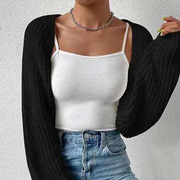 Fuimsul Women Open Front Ribbed Knit Crop Bolero Drop Shoulder Long Sleeve Solid Loose Fit Knitted Crop Cardigan Shrug Black