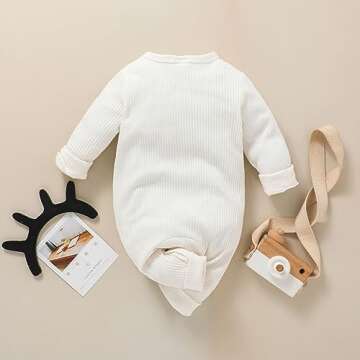 Kutersbabi Newborn Baby Boy Romper Plain Long Sleeve Onesie Ribbed Button Deco Jumpsuit Bodysuit Baby Girl Photoshoot Outfit (6-9 Months, White)